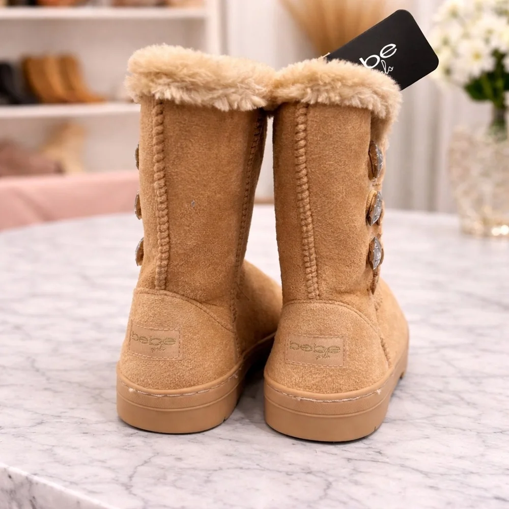 Bebe Girls Faux Fur Lined Boots Tan Rhinestone Button Winter Boots Size 13